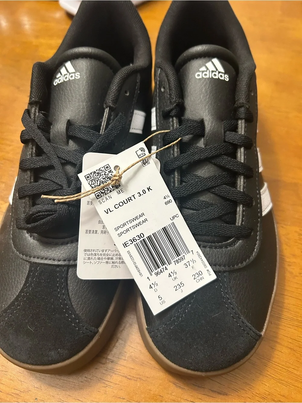 adidas Kids Black Sneakers with White Stripes and Brown Sole